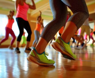 A group of people are dancing in a gym, wearing neon green shoes. Scene is energetic and fun
